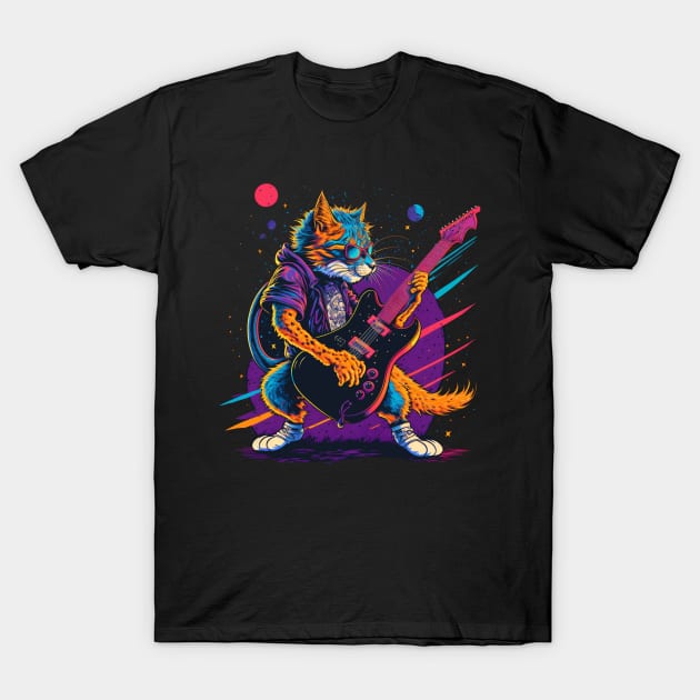 Retrowave Rockstar Cat T-Shirt by MitchLudwig